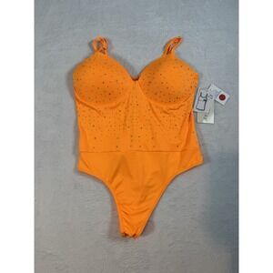 Orange Rhinestone Bodysuit Sparkly Festival Glam Clubwear Size Small